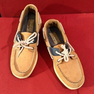Margaritaville Tan and Navy Boat Shoes